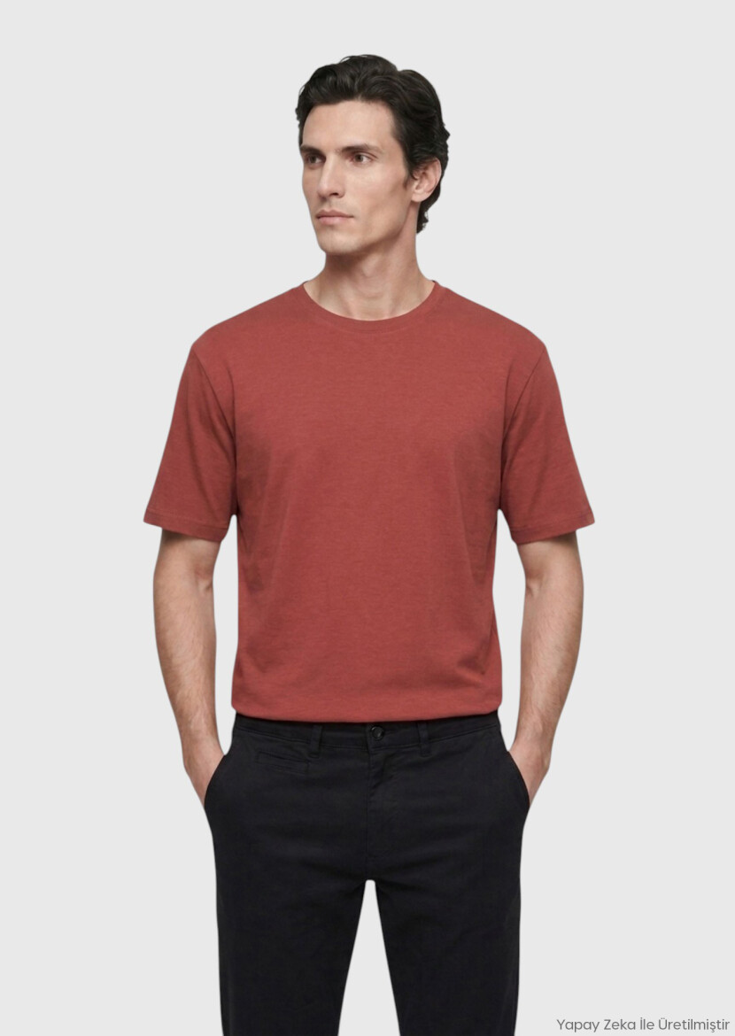 Kiremit Düz Pamuk Karışımlı T-Shirt - RAMSEY