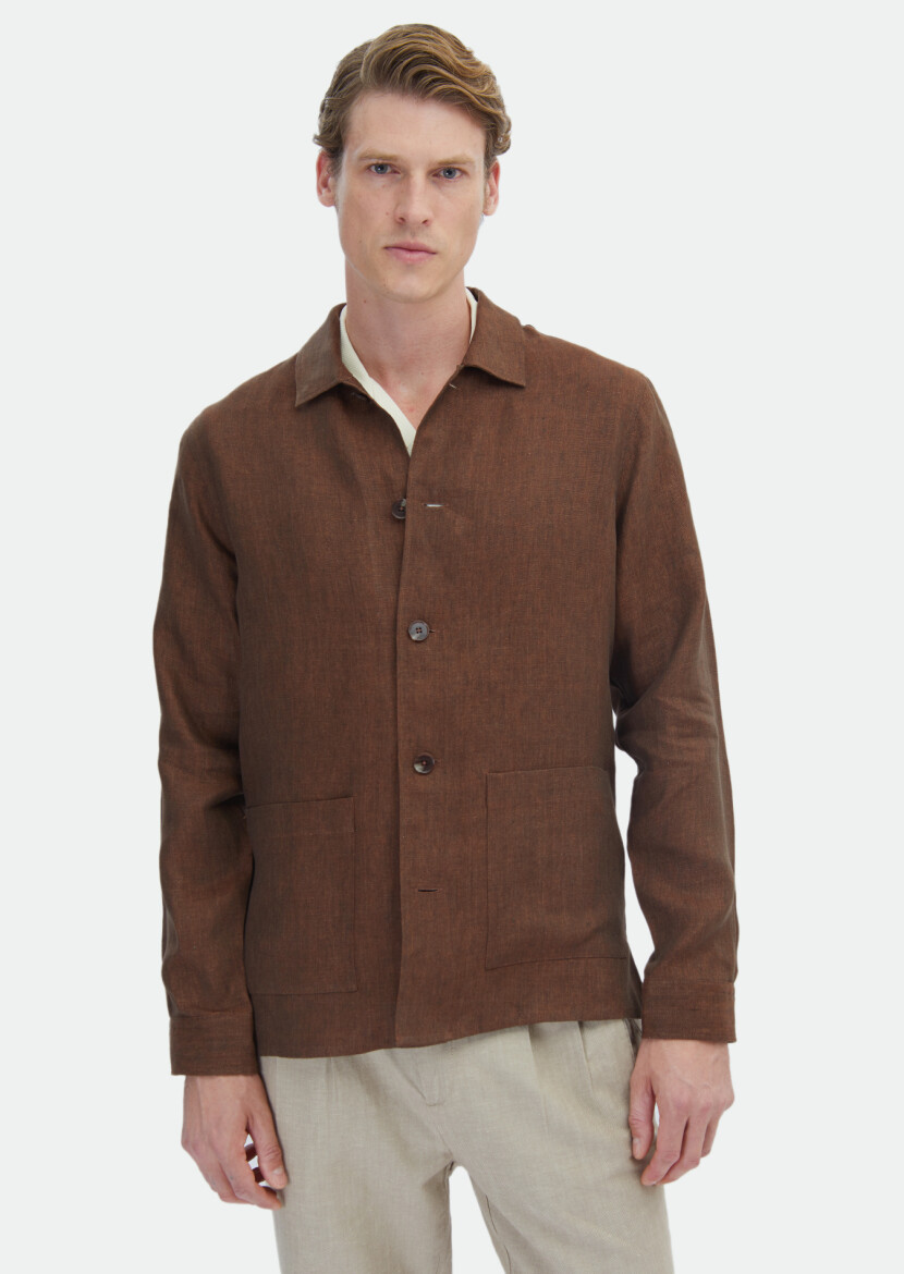 Kiremit Düz Regular Fit Uzun Dokuma %100 Keten Overshırt - 1