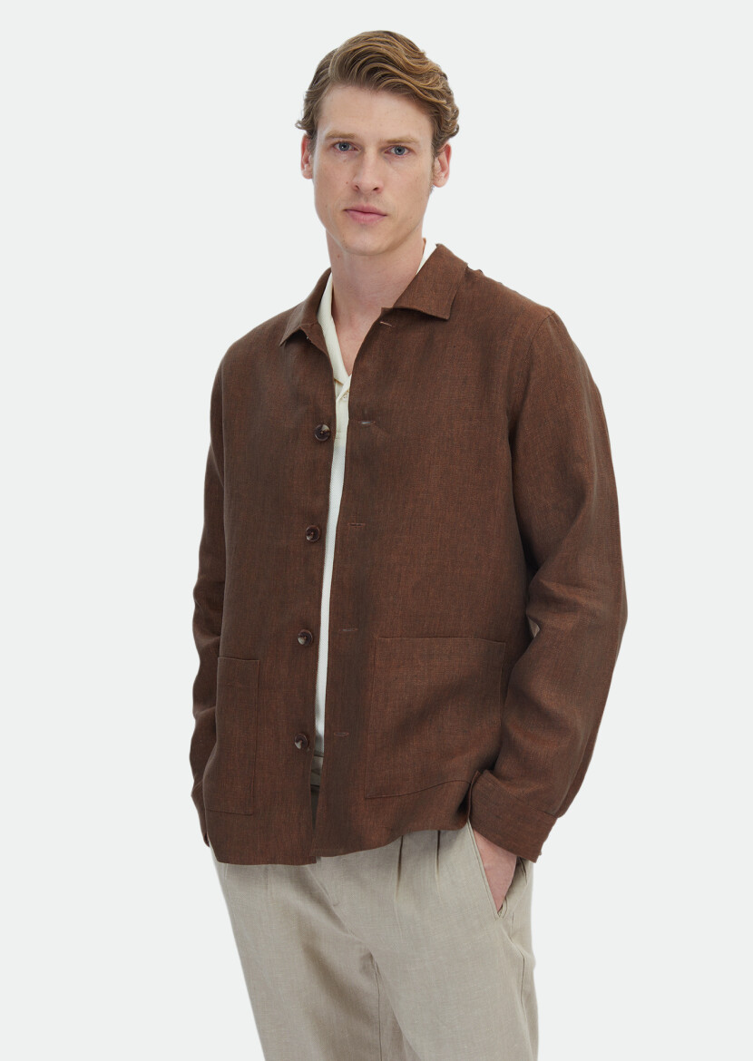 Kiremit Düz Regular Fit Uzun Dokuma %100 Keten Overshırt - 2