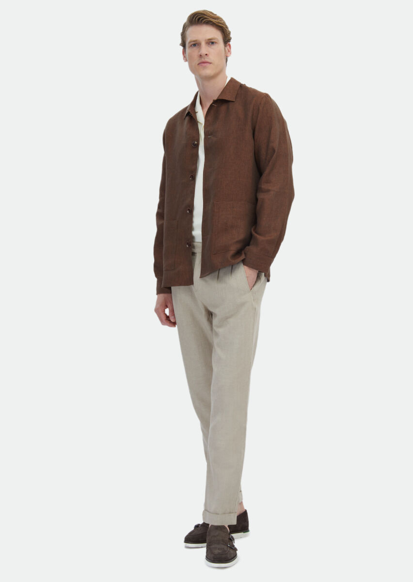 Kiremit Düz Regular Fit Uzun Dokuma %100 Keten Overshırt - 3