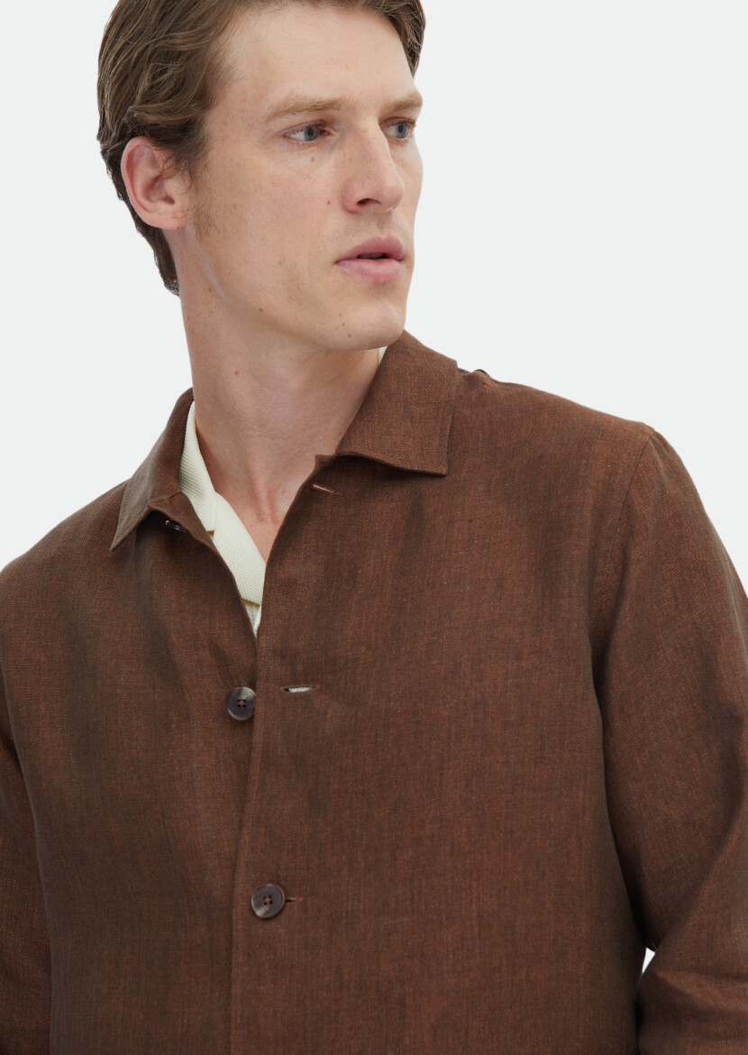 Kiremit Düz Regular Fit Uzun Dokuma %100 Keten Overshırt - 4