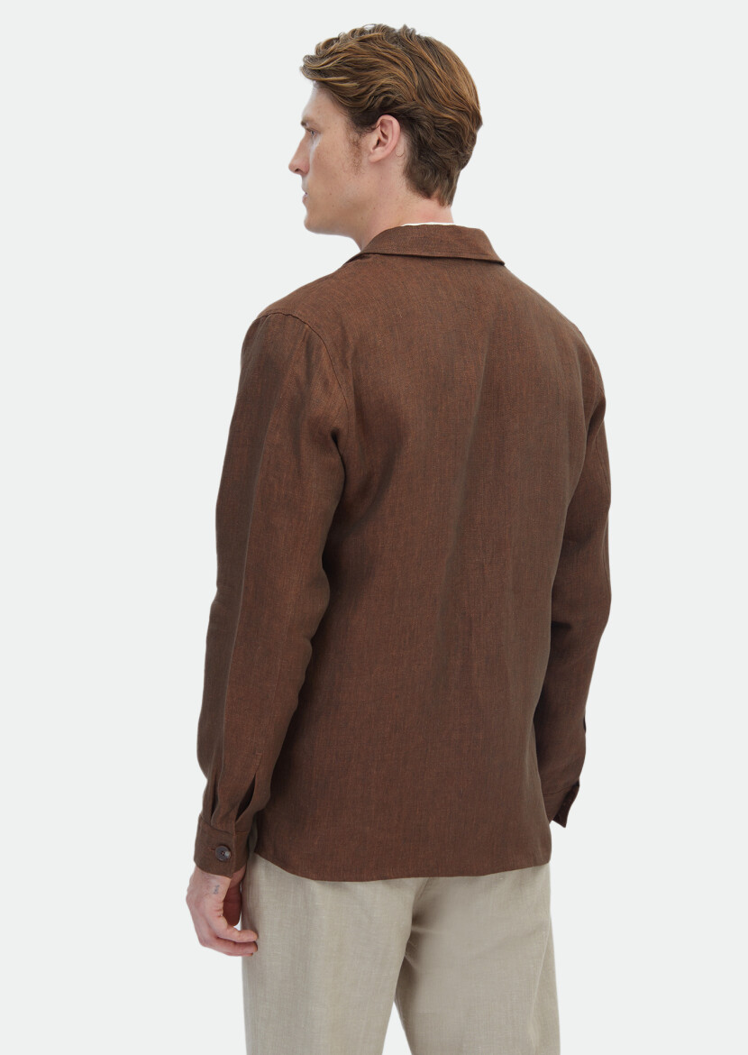 Kiremit Düz Regular Fit Uzun Dokuma %100 Keten Overshırt - 5