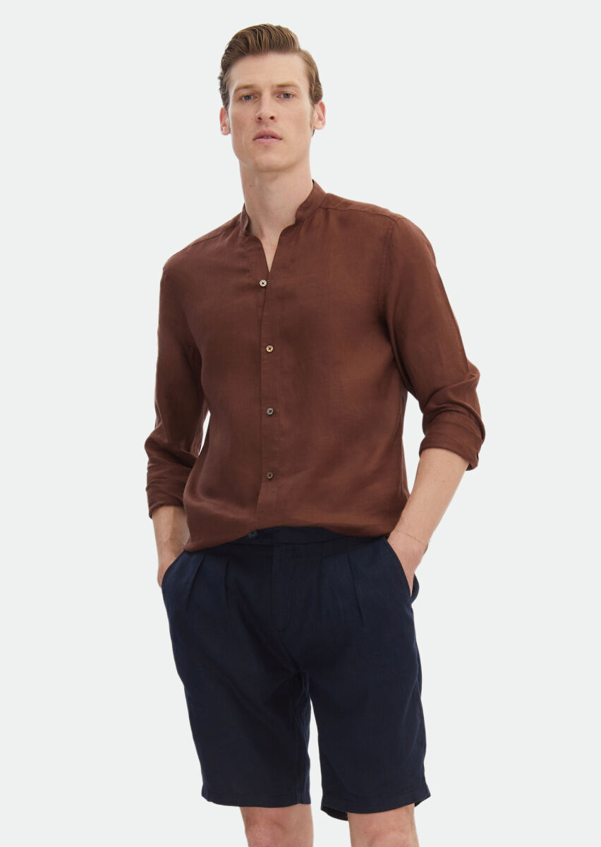 Kiremit Düz Regular Fit Uzun Dokuma Casual %100 Keten Gömlek - 2