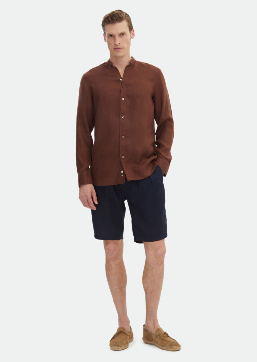 Kiremit Düz Regular Fit Uzun Dokuma Casual %100 Keten Gömlek - 3