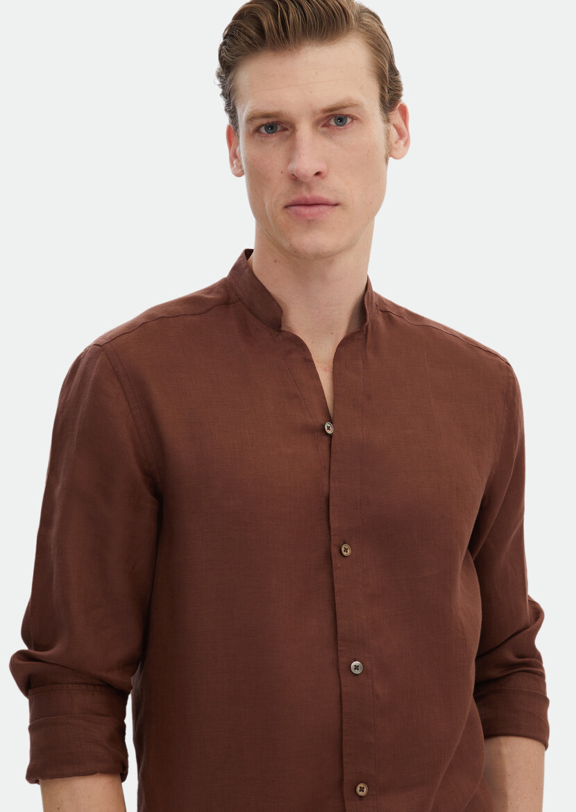 Kiremit Düz Regular Fit Uzun Dokuma Casual %100 Keten Gömlek - 4