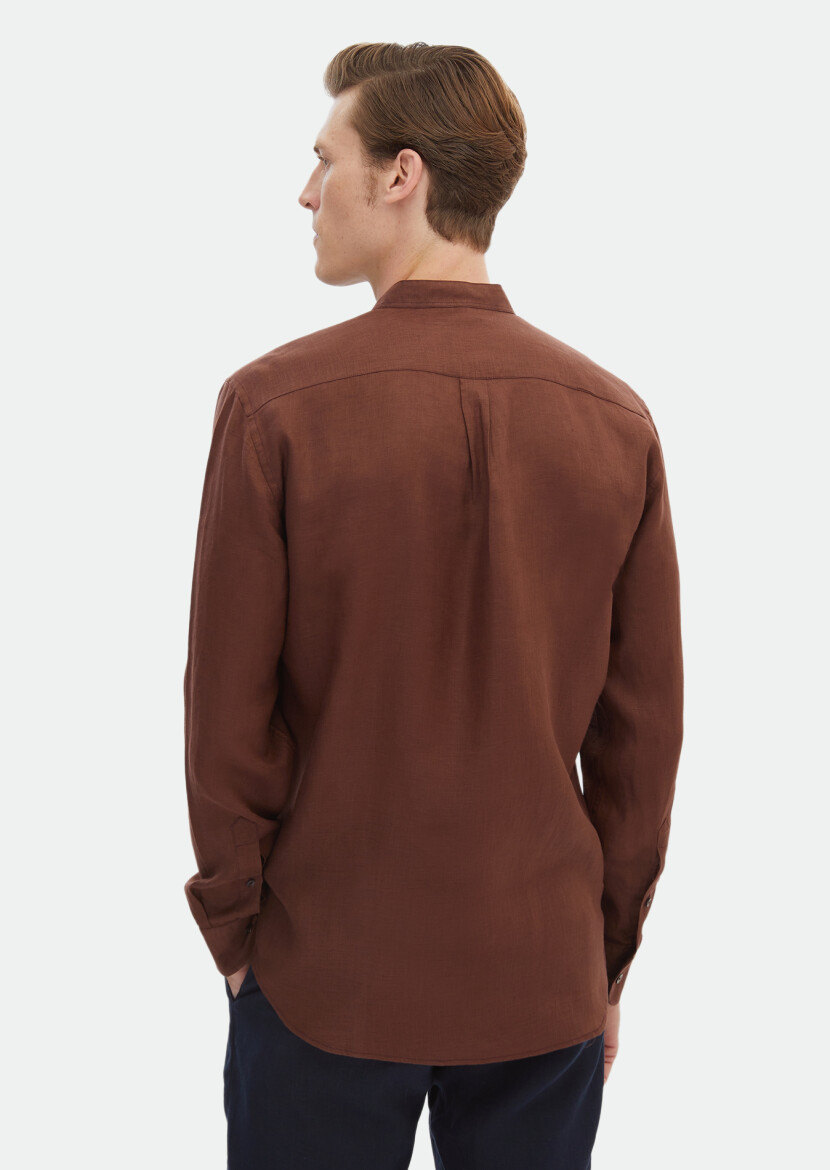 Kiremit Düz Regular Fit Uzun Dokuma Casual %100 Keten Gömlek - 7