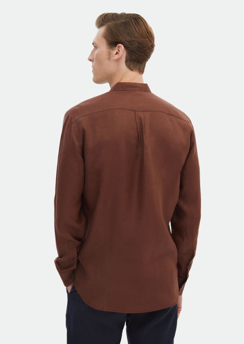 Kiremit Düz Regular Fit Uzun Dokuma Casual %100 Keten Gömlek - 7