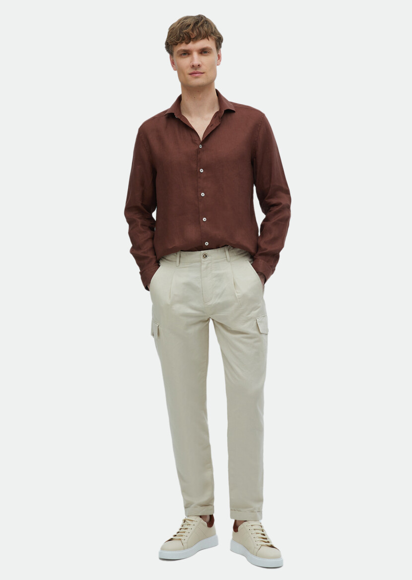 Kiremit Düz Regular Fit Uzun Dokuma Casual %100 Keten Gömlek 