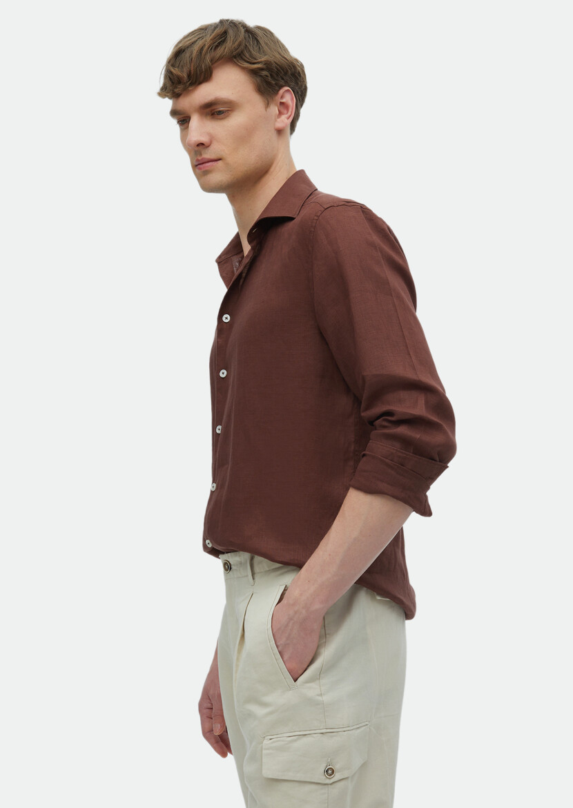 Kiremit Düz Regular Fit Uzun Dokuma Casual %100 Keten Gömlek - 3