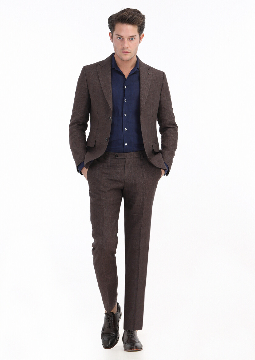 Kiremit Kareli Zeroweight Slim Fit %100 Keten Takım Elbise - 1