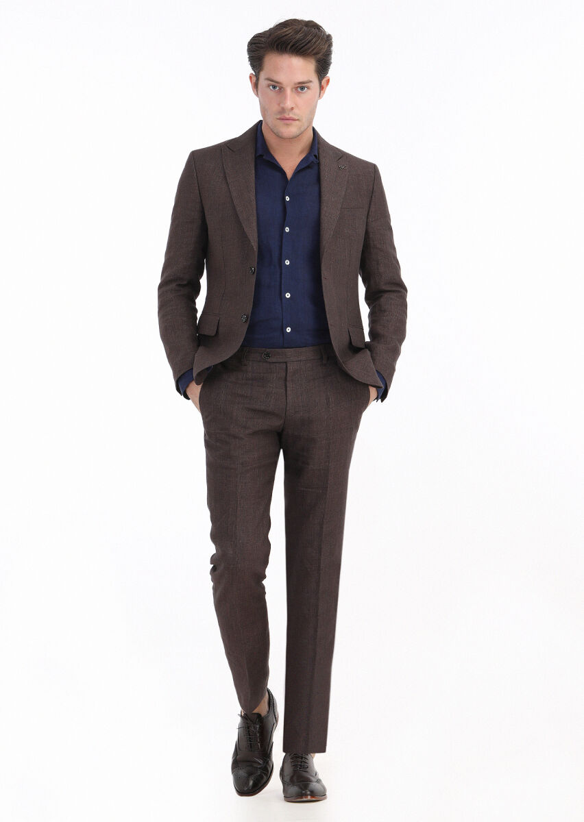 Kiremit Kareli Zeroweight Slim Fit %100 Keten Takım Elbise - 1