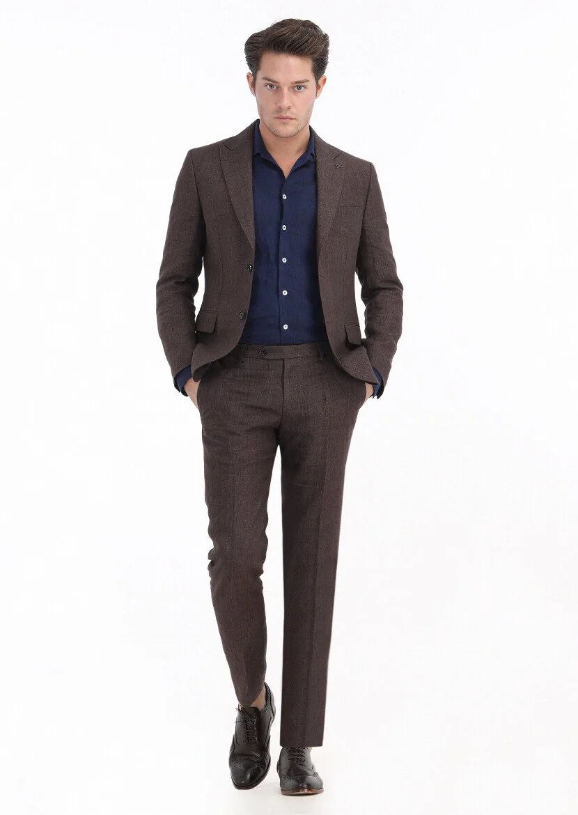 Kiremit Kareli Zeroweight Slim Fit %100 Keten Takım Elbise - 1