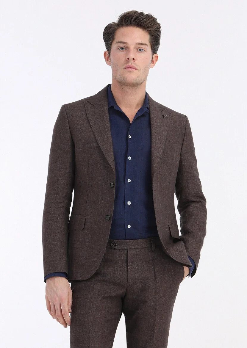 Kiremit Kareli Zeroweight Slim Fit %100 Keten Takım Elbise - 2