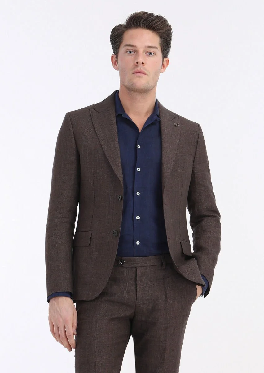 Kiremit Kareli Zeroweight Slim Fit %100 Keten Takım Elbise - 2