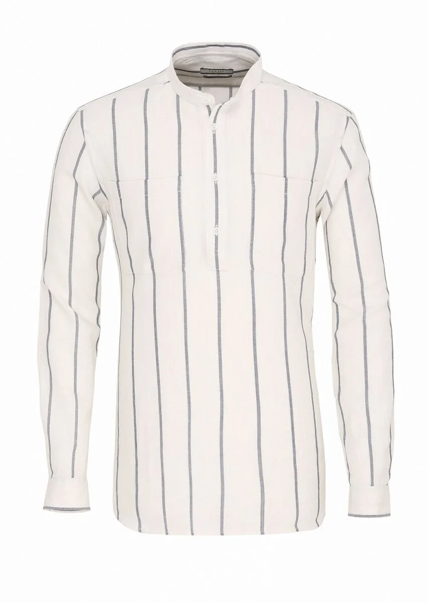 Kırık Beyaz Çizgili Regular Fit Dokuma Casual %100 Pamuk Gömlek - 1