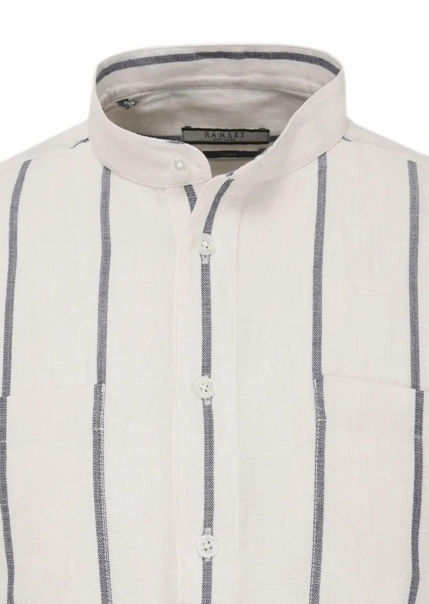 Kırık Beyaz Çizgili Regular Fit Dokuma Casual %100 Pamuk Gömlek - 2
