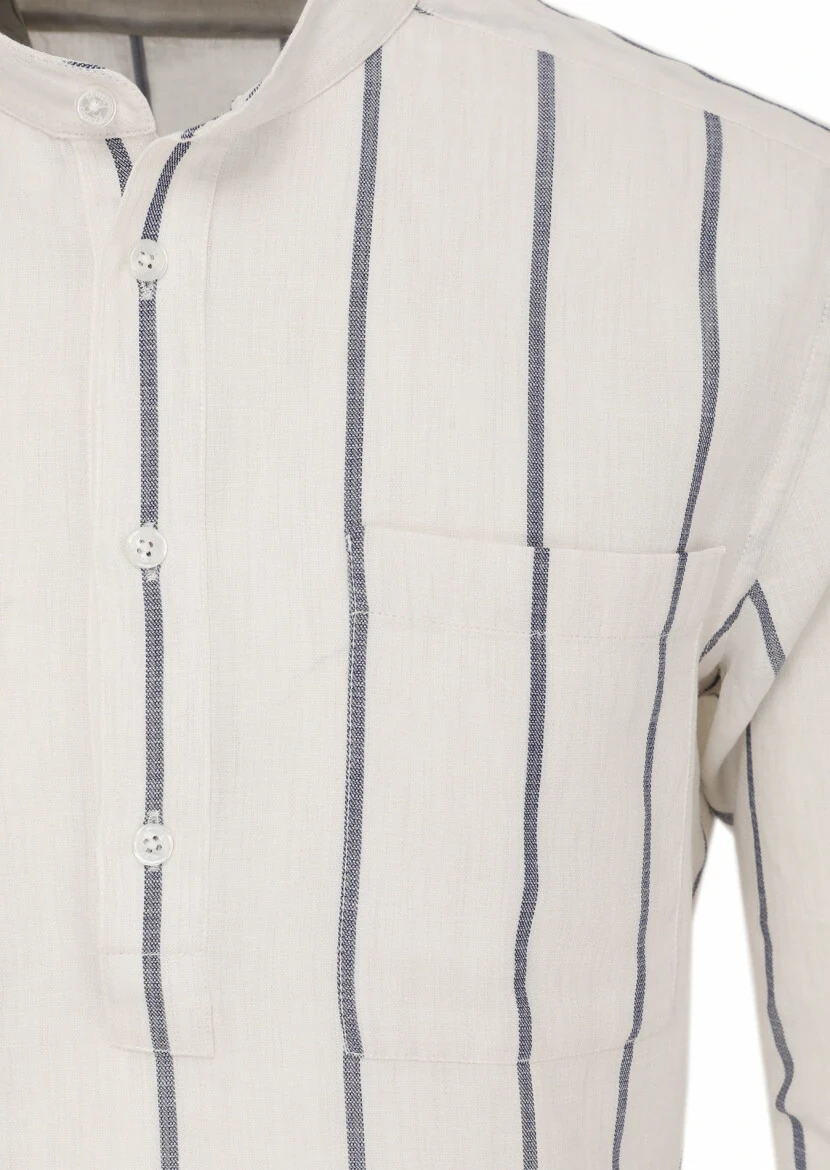 Kırık Beyaz Çizgili Regular Fit Dokuma Casual %100 Pamuk Gömlek - 3