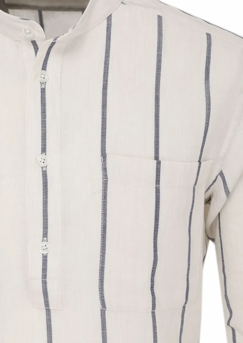 Kırık Beyaz Çizgili Regular Fit Dokuma Casual %100 Pamuk Gömlek - 3