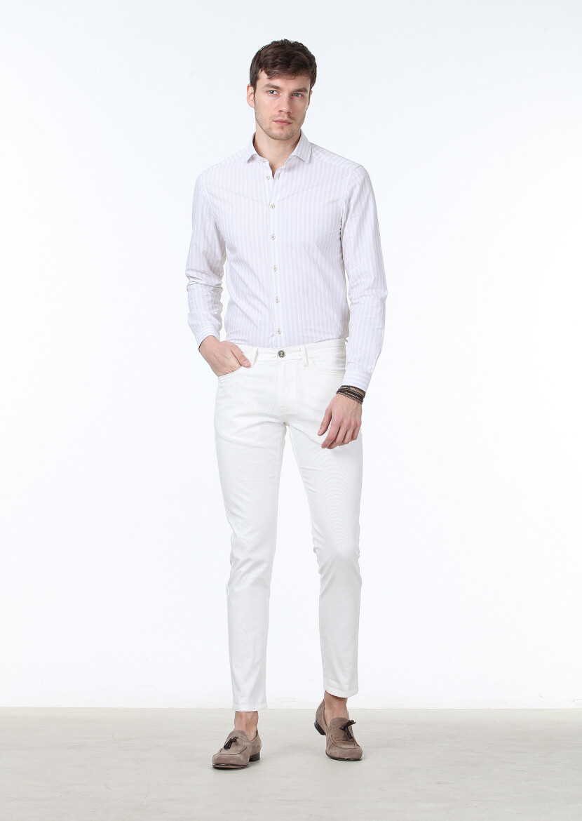 Kırık Beyaz Dokuma Slim Fit Casual Pamuk Karışımlı Pantolon 