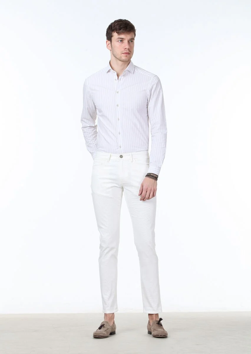 Kırık Beyaz Dokuma Slim Fit Casual Pamuk Karışımlı Pantolon - 1