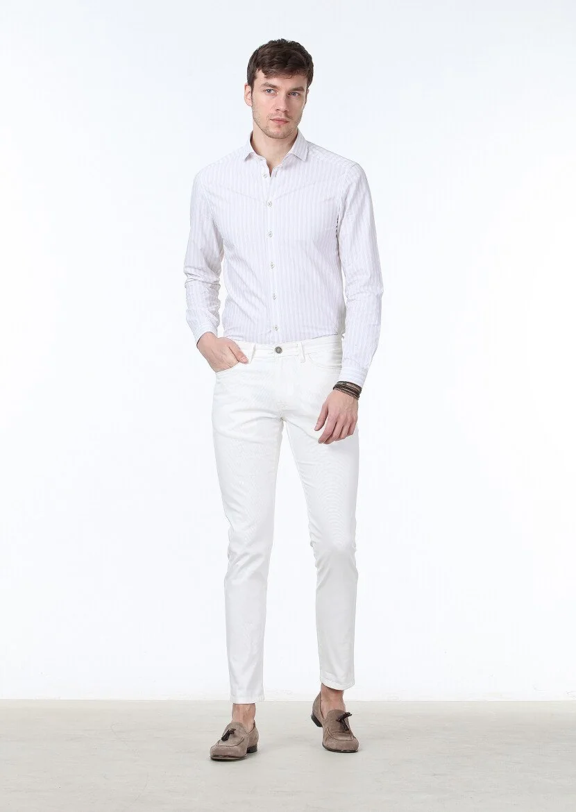 Kırık Beyaz Dokuma Slim Fit Casual Pamuk Karışımlı Pantolon 