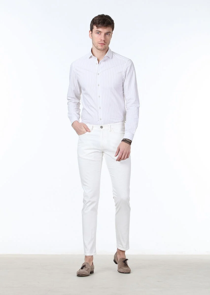 Kırık Beyaz Dokuma Slim Fit Casual Pamuk Karışımlı Pantolon - 2