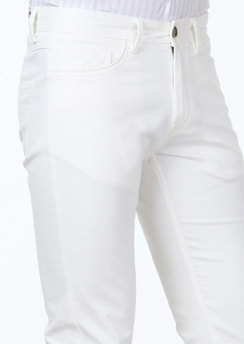 Kırık Beyaz Dokuma Slim Fit Casual Pamuk Karışımlı Pantolon - 3