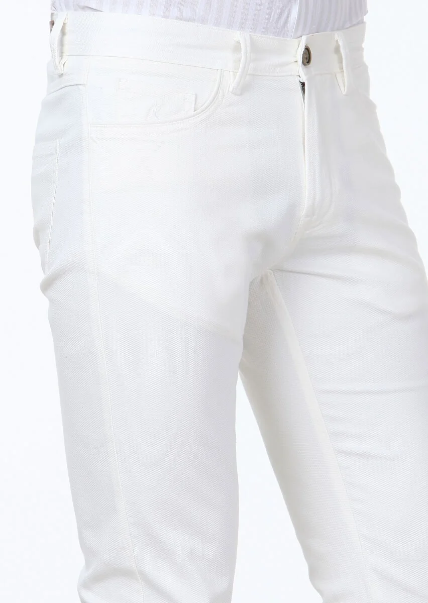 Kırık Beyaz Dokuma Slim Fit Casual Pamuk Karışımlı Pantolon - 3