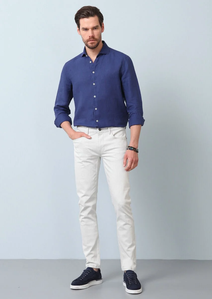 Kırık Beyaz Düz Slim Fit Denim Pamuk Karışımlı Pantolon - 1