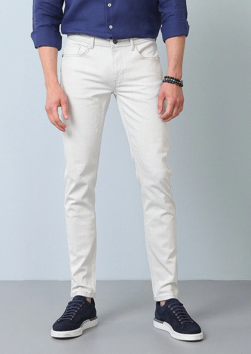 Kırık Beyaz Düz Slim Fit Denim Pamuk Karışımlı Pantolon - 2