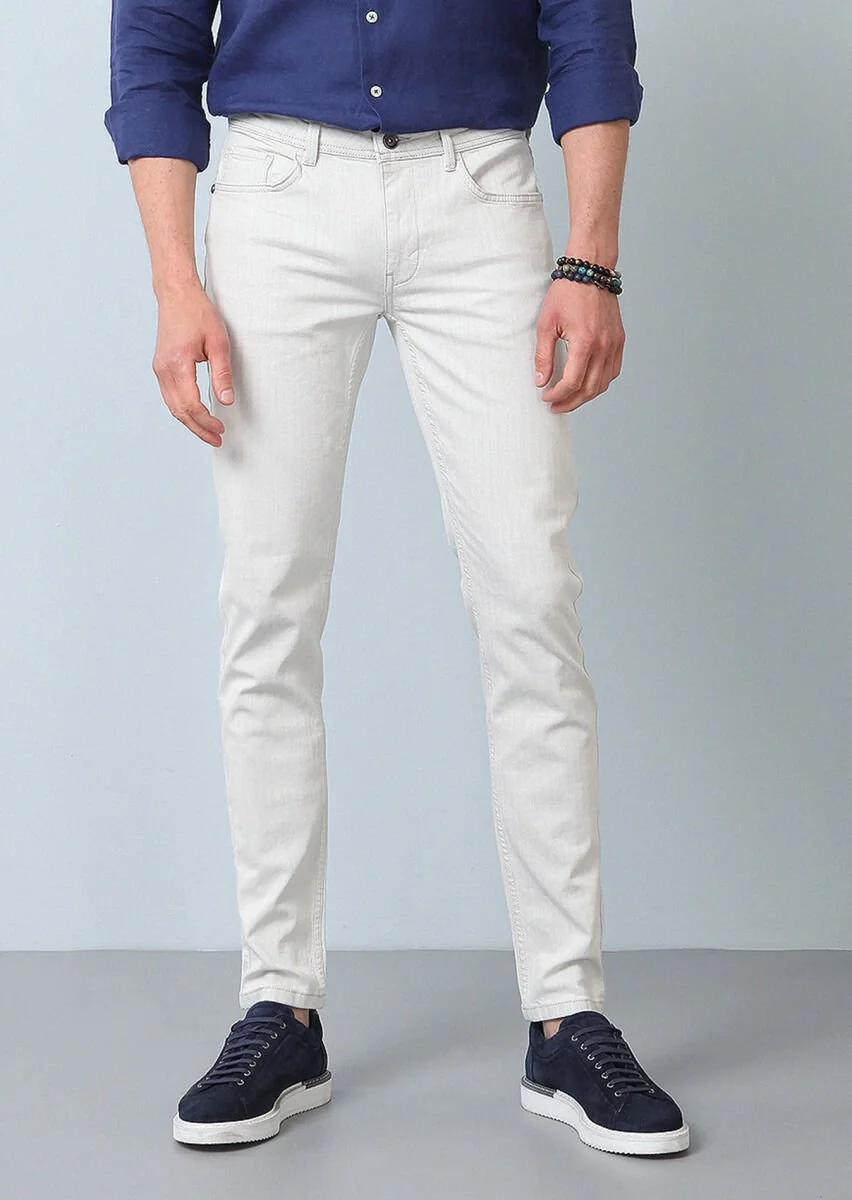 Kırık Beyaz Düz Slim Fit Denim Pamuk Karışımlı Pantolon - 2