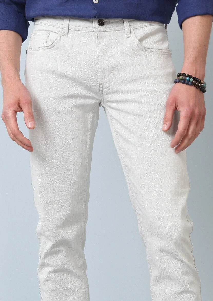 Kırık Beyaz Düz Slim Fit Denim Pamuk Karışımlı Pantolon - 3