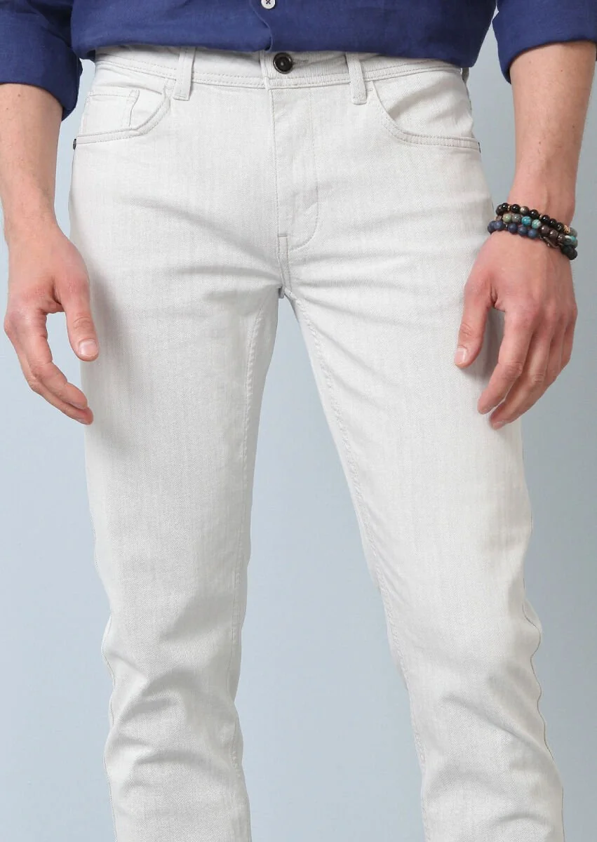 Kırık Beyaz Düz Slim Fit Denim Pamuk Karışımlı Pantolon - 3