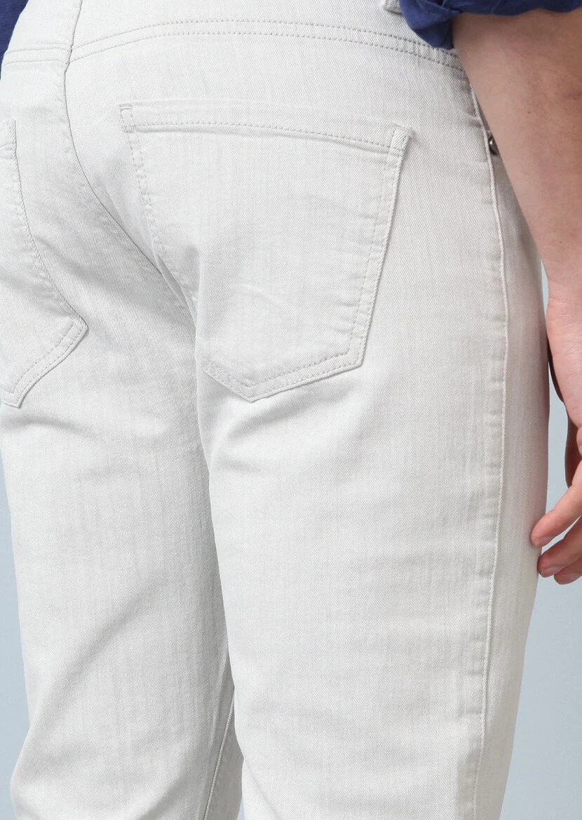 Kırık Beyaz Düz Slim Fit Denim Pamuk Karışımlı Pantolon - 4