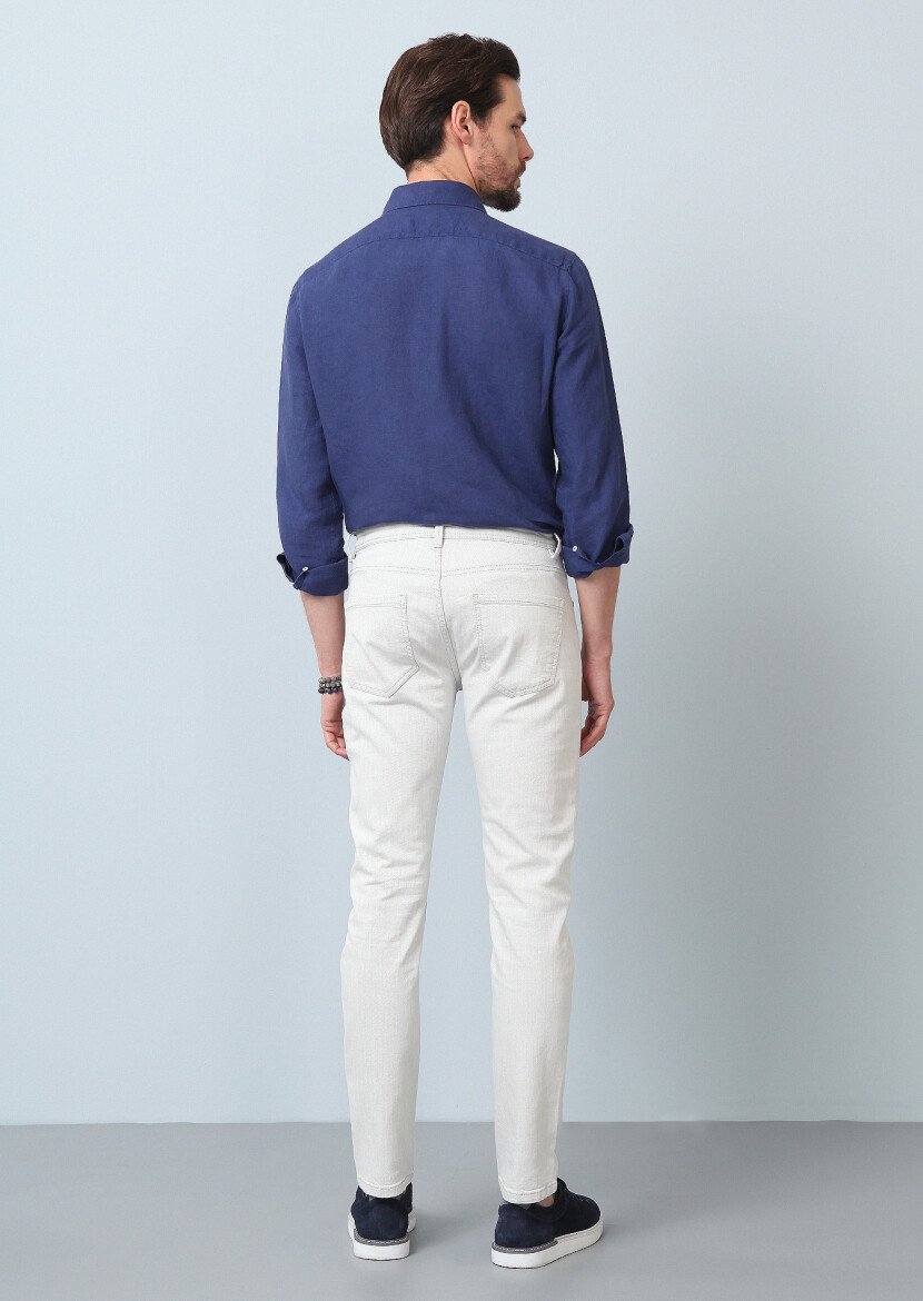 Kırık Beyaz Düz Slim Fit Denim Pamuk Karışımlı Pantolon - 5