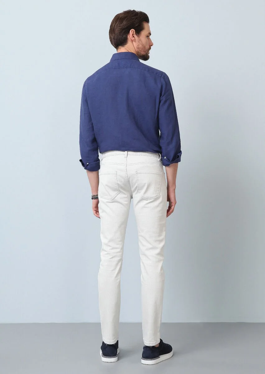 Kırık Beyaz Düz Slim Fit Denim Pamuk Karışımlı Pantolon - 5