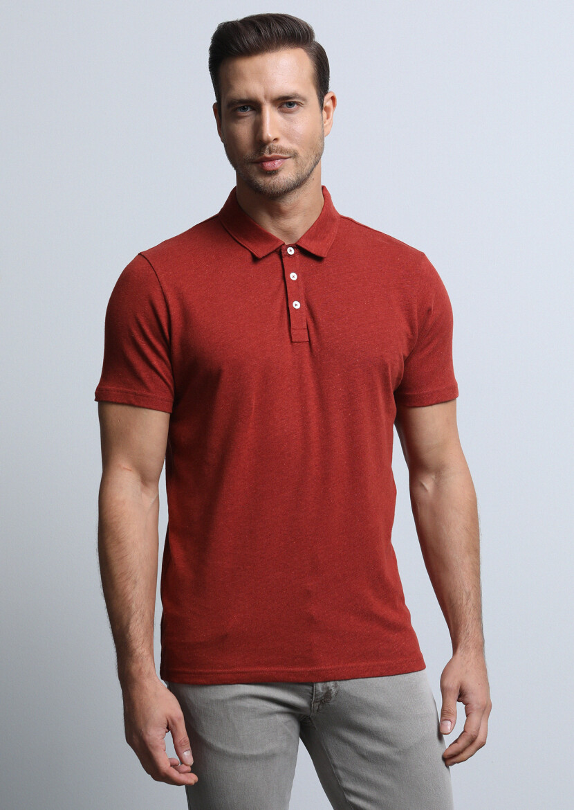 Kırmızı Baskılı Polo Yaka Pamuk Karışımlı T-Shirt - 1
