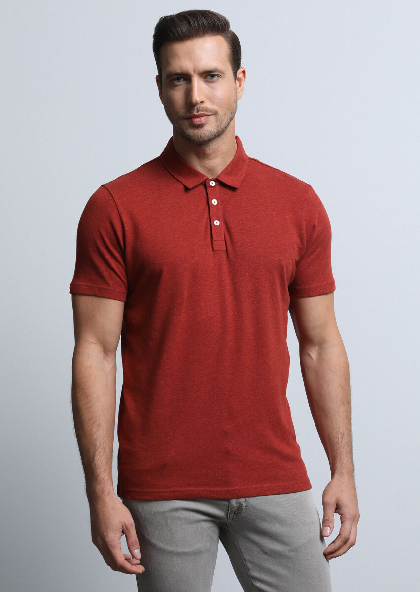 Kırmızı Baskılı Polo Yaka Pamuk Karışımlı T-Shirt - 1