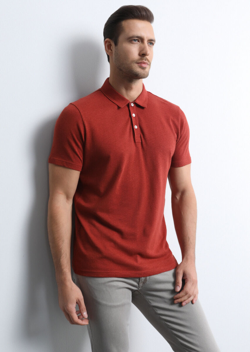 Kırmızı Baskılı Polo Yaka Pamuk Karışımlı T-Shirt - 2