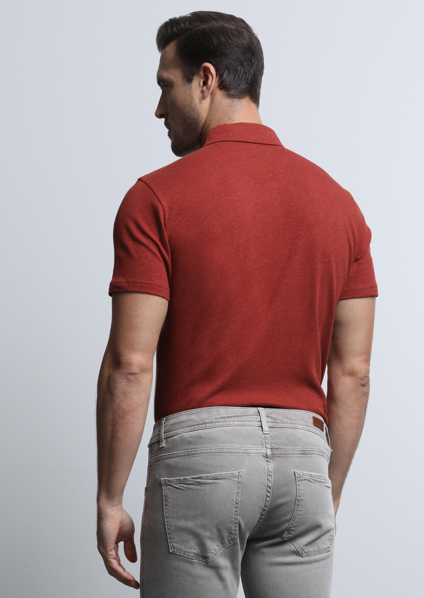 Kırmızı Baskılı Polo Yaka Pamuk Karışımlı T-Shirt - 4