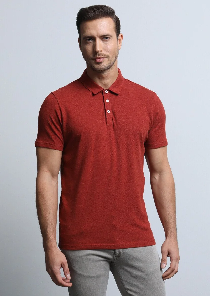 Kırmızı Baskılı Polo Yaka Pamuk Karışımlı T-Shirt - 1