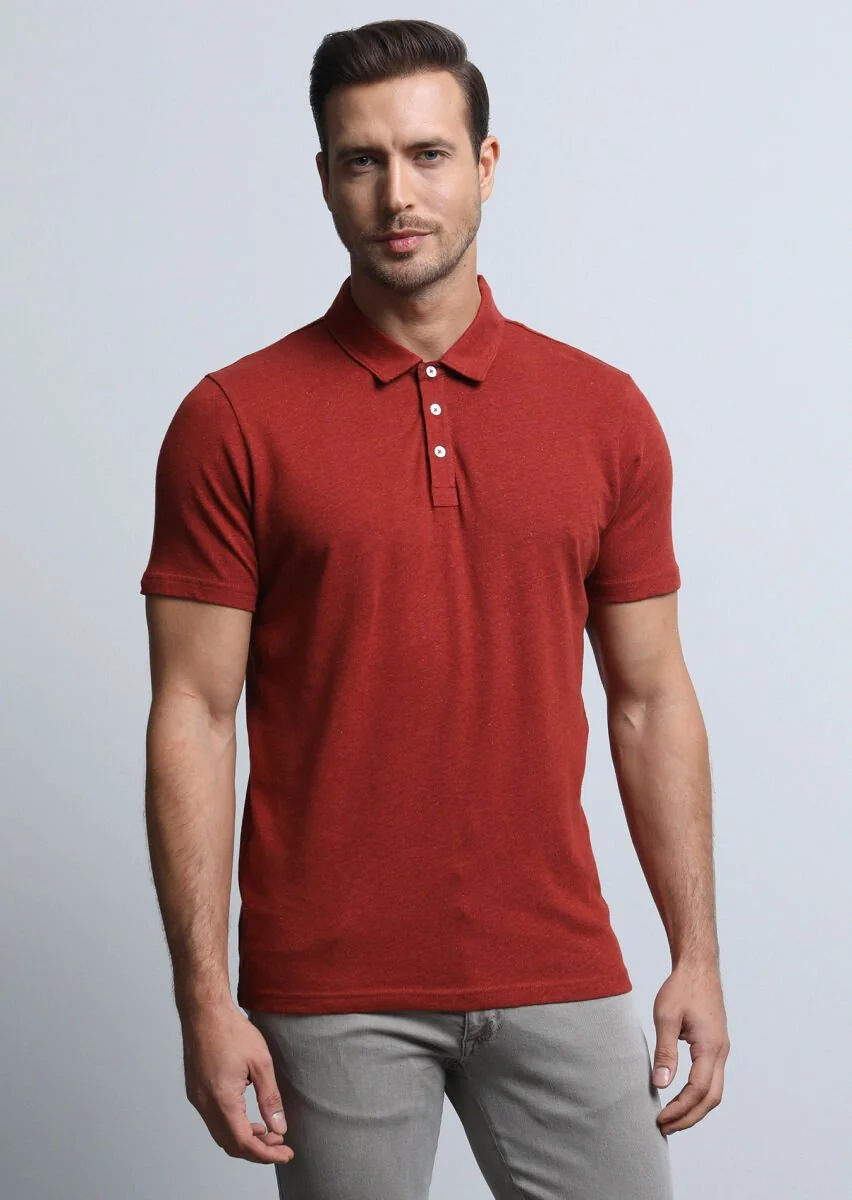 Kırmızı Baskılı Polo Yaka Pamuk Karışımlı T-Shirt - 1