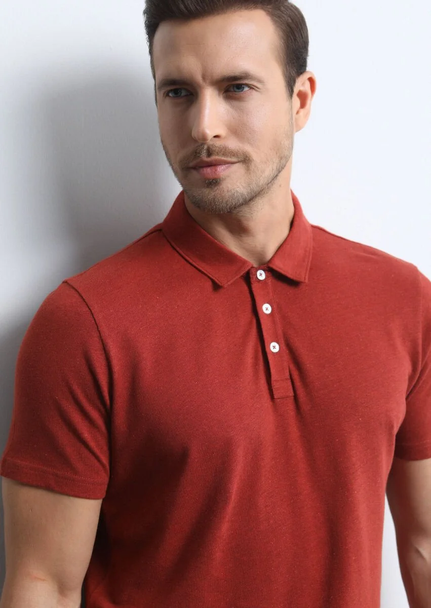 Kırmızı Baskılı Polo Yaka Pamuk Karışımlı T-Shirt - 2