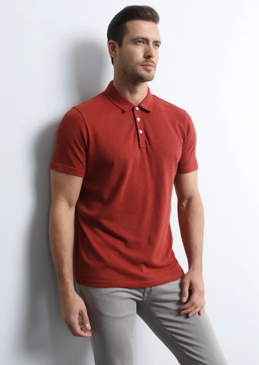 Kırmızı Baskılı Polo Yaka Pamuk Karışımlı T-Shirt - 3