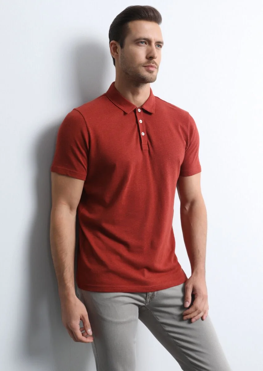 Kırmızı Baskılı Polo Yaka Pamuk Karışımlı T-Shirt - 3