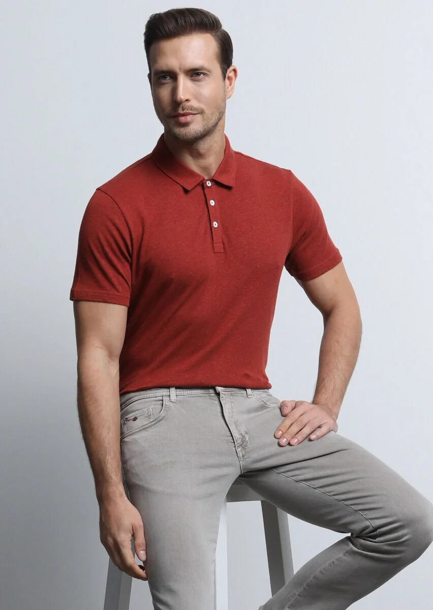Kırmızı Baskılı Polo Yaka Pamuk Karışımlı T-Shirt - 4