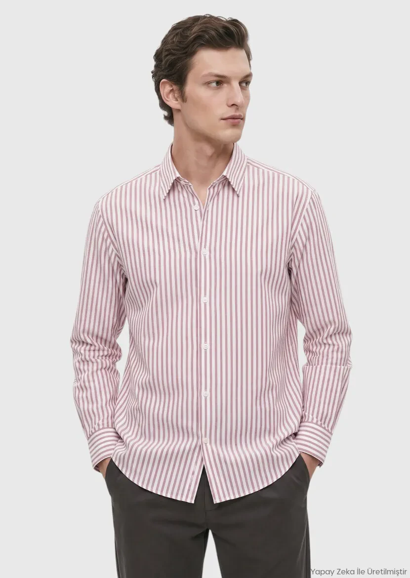 Kırmızı Çizgili Casual Fit Uzun Dokuma Casual %100 Pamuk Gömlek 