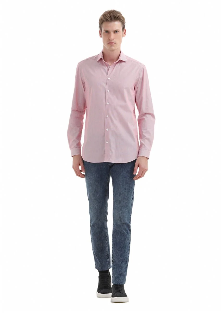 Kırmızı Çizgili Regular Fit Dokuma Casual %100 Pamuk Gömlek - 1