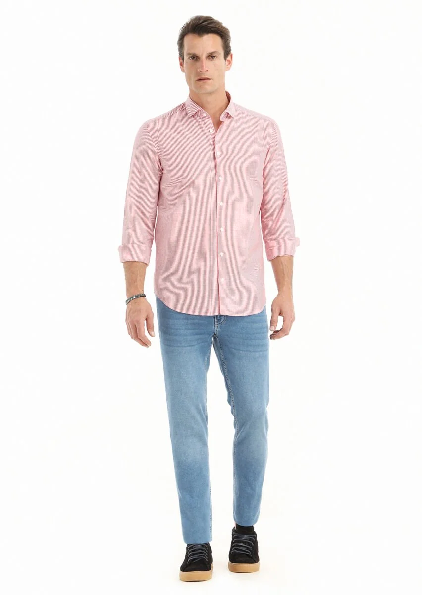 Kırmızı Çizgili Regular Fit Dokuma Casual Pamuk Karışımlı Gömlek - 1