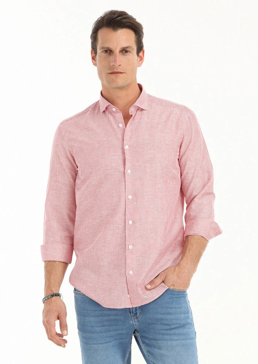 Kırmızı Çizgili Regular Fit Dokuma Casual Pamuk Karışımlı Gömlek - 3